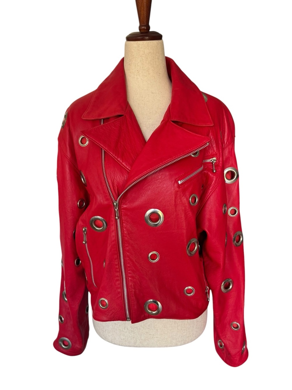 Vintage 80s Cedars Red Leather Moto Biker Jacket Metal Grommet sz M